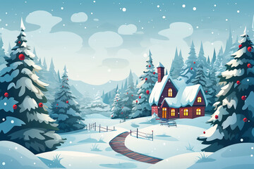 Winter cabin scene in snowy forrest and fresh snow,  winter seasonal marketing asset