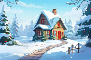 Fototapeta premium Winter cabin scene in snowy forrest and fresh snow, winter seasonal marketing asset