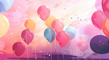 colorful balloons in a moment of celebration, on a smooth pink background, vector style, room for copy, marketing asset