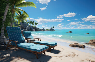 Obraz premium Beach chairs sun beds on tropical beach resort with coconut palm trees and blue sky on a sea shore