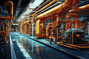 Obraz premium Industrial zone, Steel pipelines and cables in orange tones at a power plant