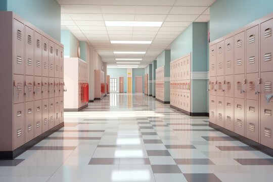 High school hallway with lockers. Education classroom