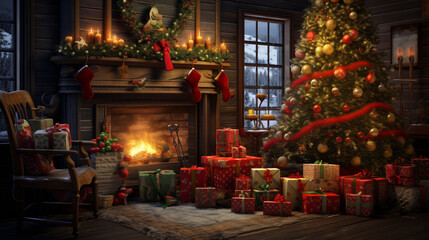 Christmas living room with presents and a warm fireplace,  winter seasonal marketing asset, space for copy