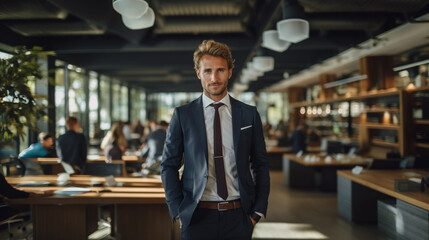 Fototapeta premium Portrait of a successful businessman against the backdrop of an office, beautiful lighting.