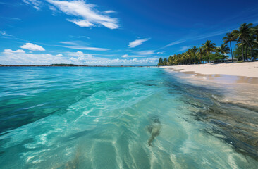 Obraz premium Beautiful tropical beach with white sand, turquoise water and coconut palm trees