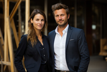 Portrait of young confident businessman and businesswoman, CEO, managers standing in office suits