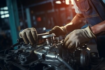 Car care maintenance and servicing. Close-up hand of technic engineer