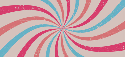 Abstract red and blue retro rays on beige background with faded paper effect and scuffs. Grunge and vintage wallpaper. Vector illustration