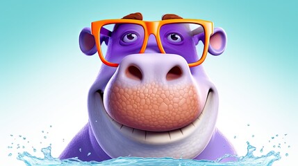 Muzzle of a hippopotamus in sunglasses in the water of the lake. Close-up of a hippo peeking out of the water is painted. Illustration for cover, postcard, postcard, interior design, decor or print.