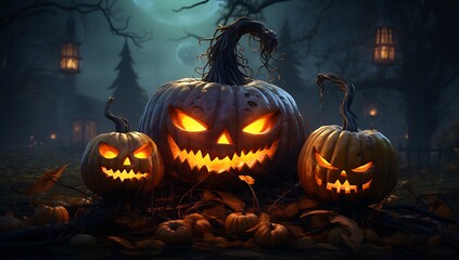 Halloween pumpkins in the dark forest. 3D rendering.