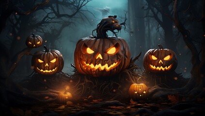 Halloween pumpkins in spooky dark forest. 3D rendering
