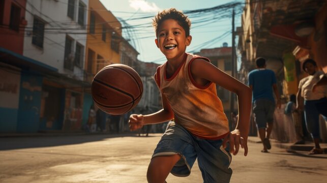 Young Boy Bonding Outdoors And Having Fun - Stylish Cool Teens Gathering At Basketball Court On The Streets, Latino Playing A Match.