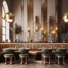 Modern  mid century restaurant in green and light brown leather furniture with hanging golden lamps and golden detailed wall decoration.