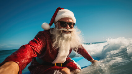 Santa Claus surfing on Christmas poster with copy space - Fictional Person, Generative AI