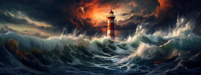 Illustration of a boat sailing towards the lighthouse during a storm - obrazy, fototapety, plakaty