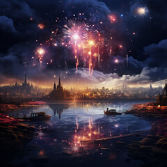Fototapeta premium Sparkling Skyline, Celebrating New Year with Spectacular Fireworks