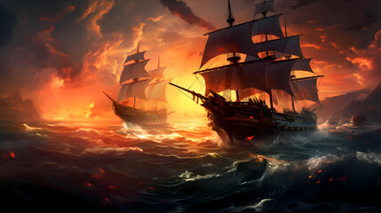 Illustration of a battle with pirates, sailing ships in a storm, explosions and fire