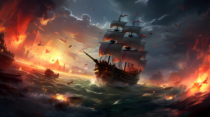 Illustration of a battle with pirates, sailing ships in a storm, explosions and fire
