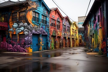 A vibrant and colorful graffiti mural covering an entire grunge wall, showcasing urban artistry and...