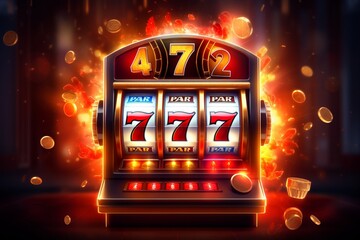 Slot machine wins the jackpot 777 in casino. Banner - obrazy, fototapety, plakaty