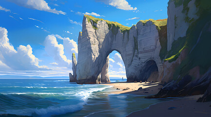 Panoramic view of the beach of Etretat in Normandy, France - obrazy, fototapety, plakaty