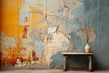 An abstract composition of a crumbling grunge wall with peeling paint and rusty metal accents, capturing the textures and decay