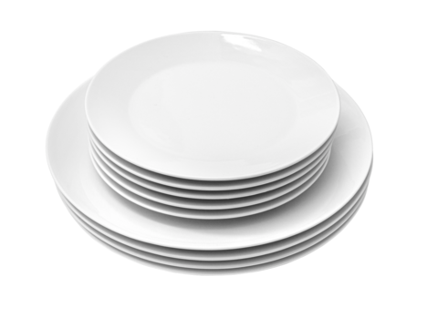 a stack of white plates