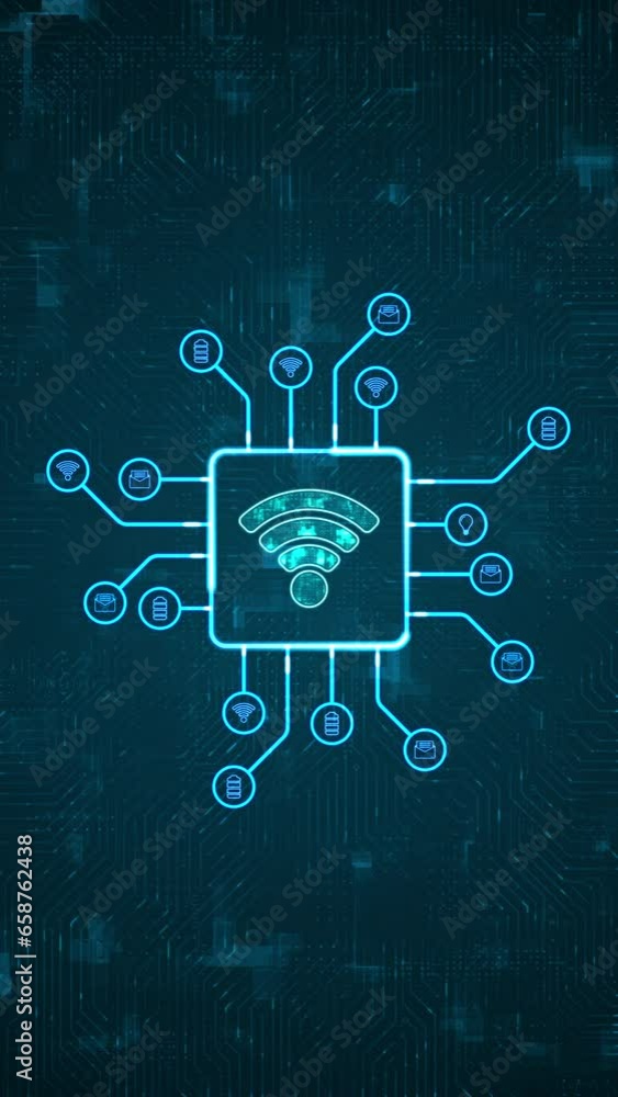 Poster motion graphic blue digital wifi logo and hud technology circuit board with ai icon and data transfe