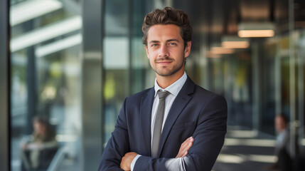 Portrait of a successful businessman against the backdrop of an office, beautiful lighting.