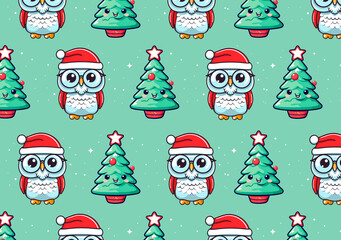 cute owl and christmas tree illustration, colorful christmas pattern