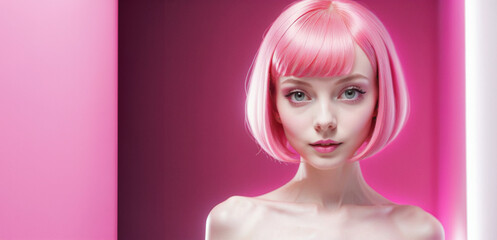 primo piano con volto di giovane donna dai capelli a caschetto rosa brillante, luce artificiale, sguardo verso l'osservatore