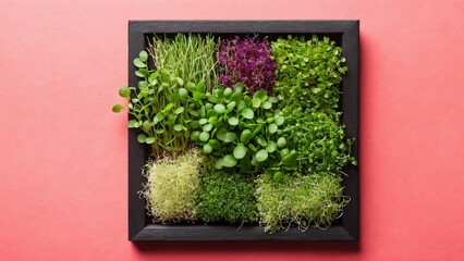 Different microgreen, flat lay. Space for text