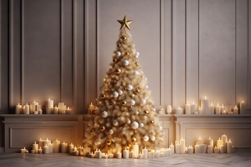 Festive Christmas background. New Year's interior with decorated New Year's tree and burning candles in the style of illuminated interiors. White Christmas tree decorated with silver and gold balls