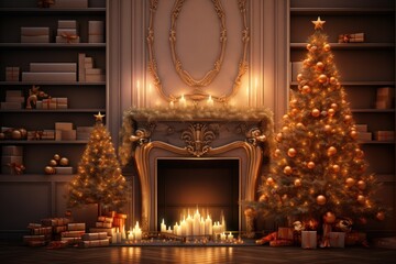 Fototapeta premium Christmas festive interior. New Year's Eve. Two decorated Christmas trees, burning candles, gifts, fireplace. With copy space. New Year holiday background. Postcard, banner, design. Merry Christmas.