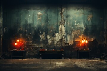 A moody and atmospheric shot of a dimly lit grunge wall in a derelict industrial building, with dramatic shadows and eerie ambiance