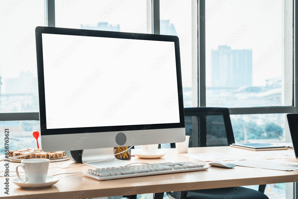 Poster empty computer monitor screen for design mock up template in modern small office interior or home of