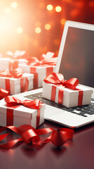 Holiday online shopping concept. Blank laptop and festive gifts box on glowing bokeh background