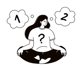 Pensive woman choosing between two options. Outline black and white doodle vector illustration on white background.