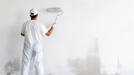 Professional house painter painting a wall white with a roller. - obrazy, fototapety, plakaty