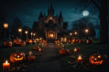 Fototapeta na wymiar Halloween background with scary pumpkins candles in the graveyard at night with a castle background
