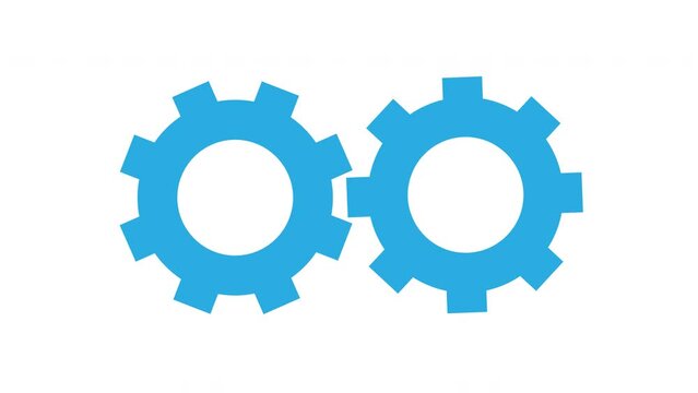 Two big blue gears spinning round on white background. Mechanics equipment icons animated with seamless loop rotation