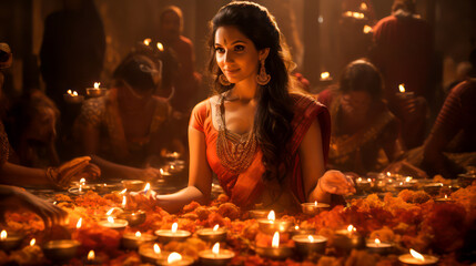 Woman celebrating Diwali with candles aroun her
