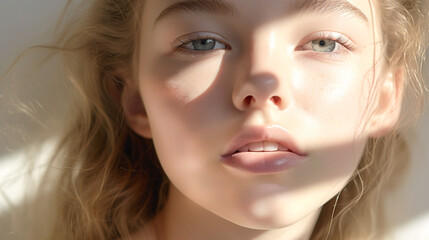 Teenage skincare. Portrait of a young model. Advertising cosmetics for teenagers. Close-up.