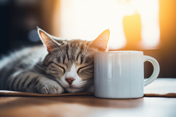 cat sleeping next to a coffee cup - obrazy, fototapety, plakaty
