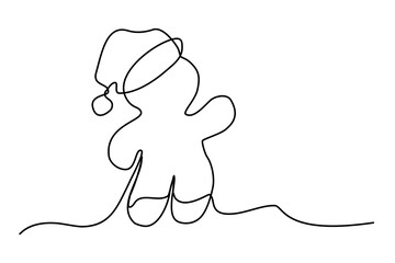Gingerbread man cookie in Santa hat, line art style vector