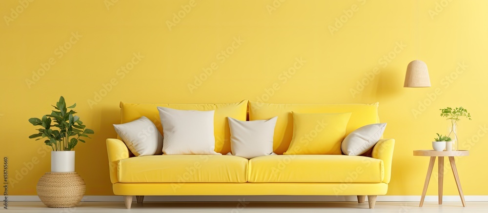 Poster Sunlit lounge area with sofa With copyspace for text