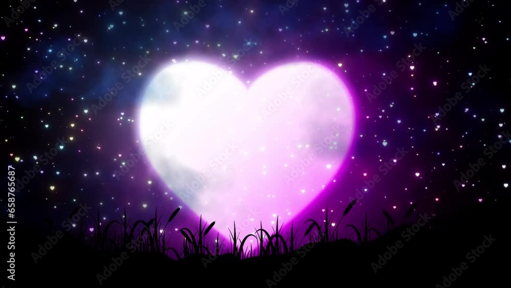 Poster glowing romantic heart shape like moon and grass are moving and heart particle are falling on dark b