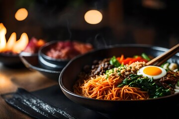 ?The camera is getting closer to show a delicious and popular Korean dish called Bibimbap. Sometimes, it can be difficult to understand what is going on or why something is happening.. AI Generated - obrazy, fototapety, plakaty