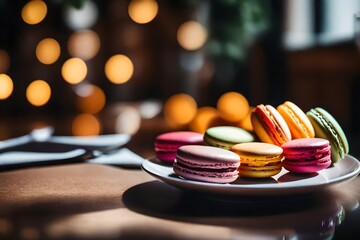 Obraz na płótnie Canvas ?The picture shows a close-up view of macarons. In the distance, there is a lovely restaurant. Creative resource, AI Generated