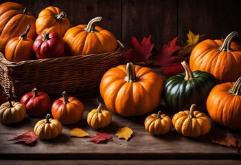Autumn Harvest Display Featuring Colorful Mini Pumpkins, Acorn Squash, Cozy Blanket, and Autumn Leaves on a Rustic Wood Background